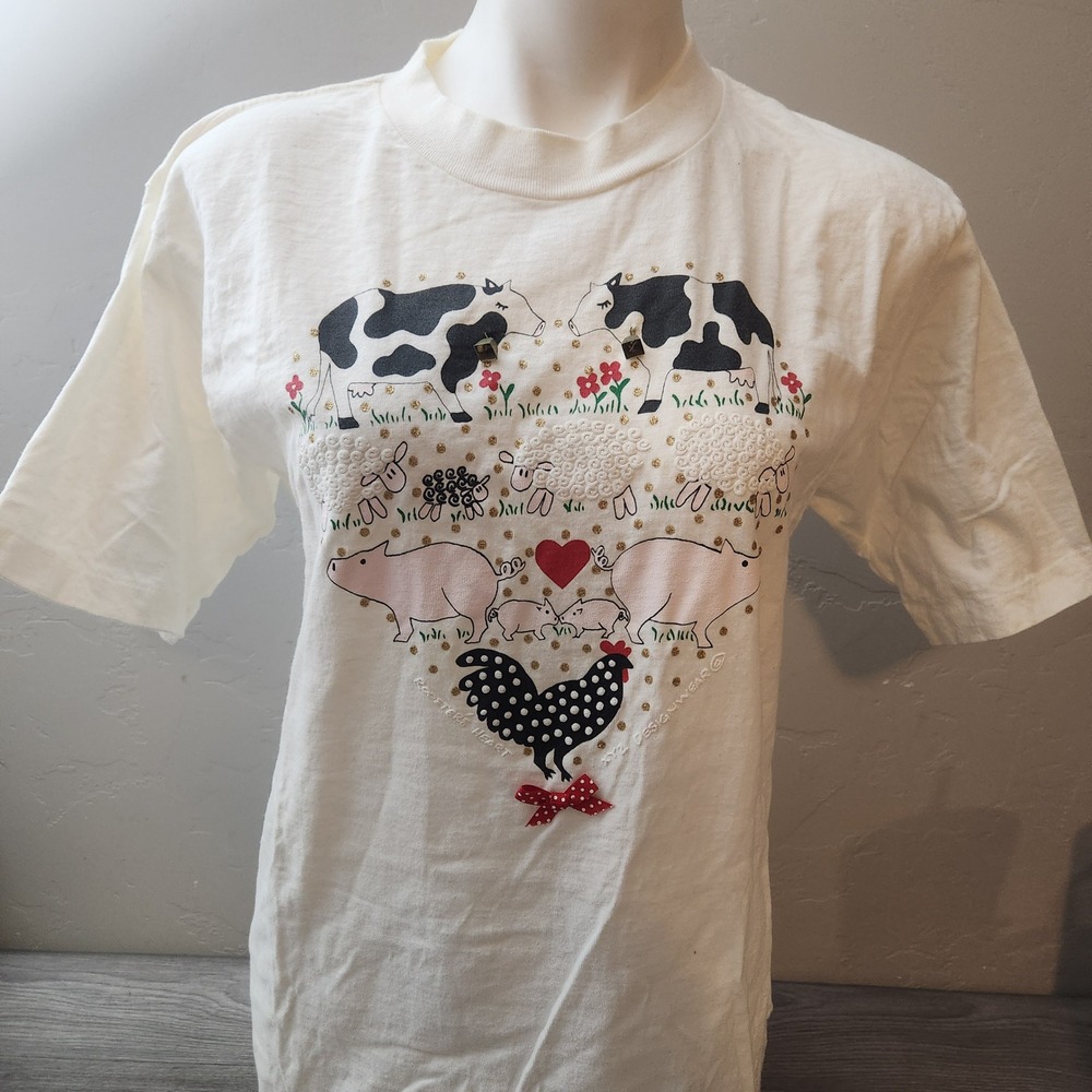 Vintage Oneita Power-T Farm Animal Heart‎ T-Shirt Cream Size L 80s Made in USA